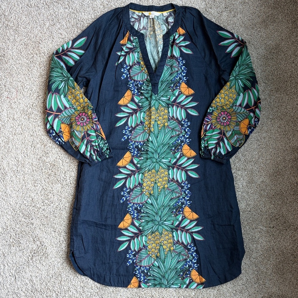 Boden Cleo Linen Tie-Waist Dress in Tropical Print